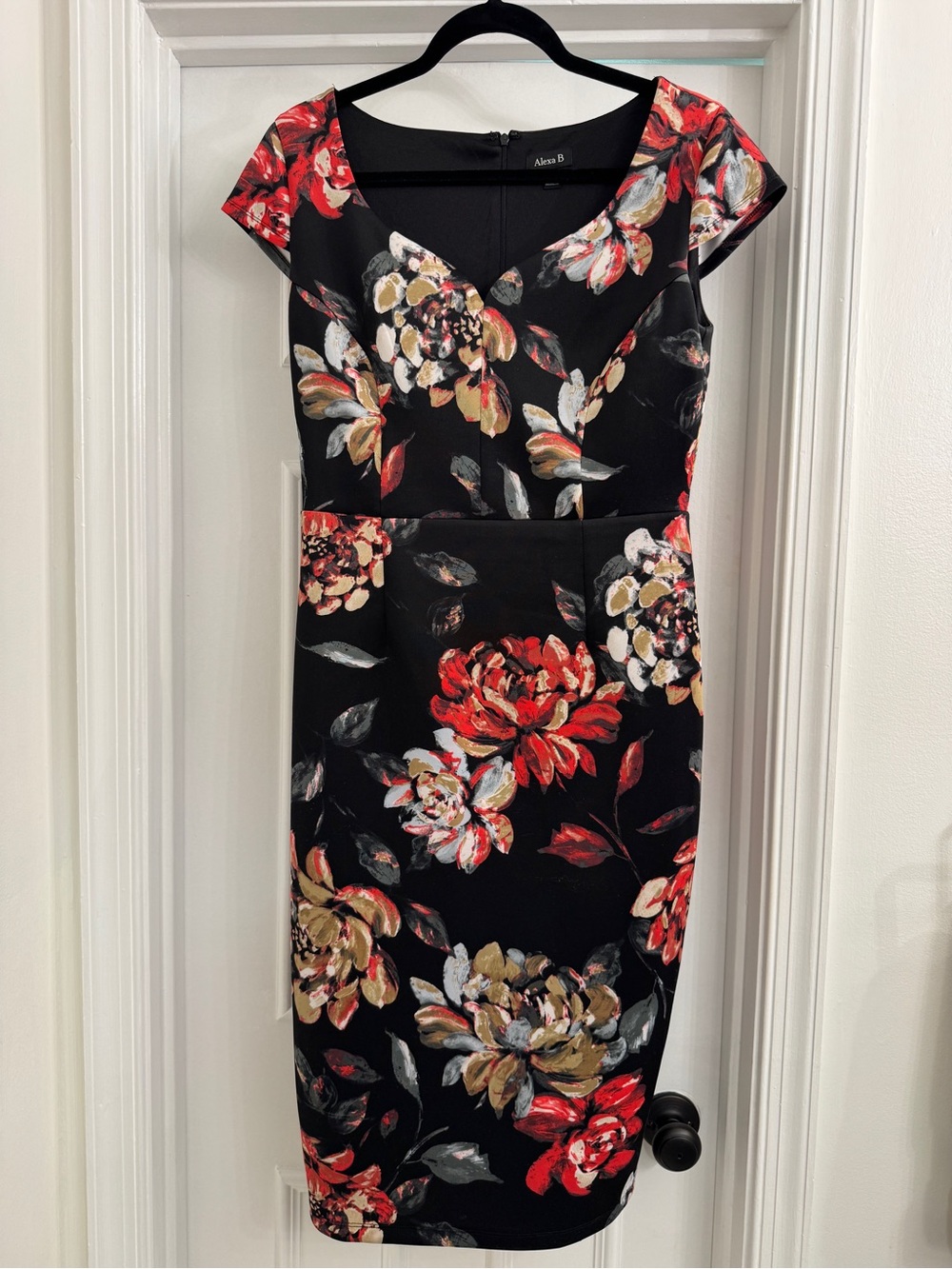 Alexa B Black Midi Dress with Red & Cream Floral Print